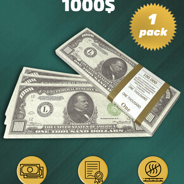 1000 US Dollars prop money stack two-sided one pack