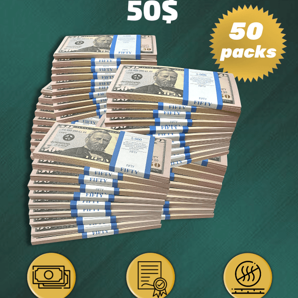 50 US Dollars prop money stack two-sided fifty packs