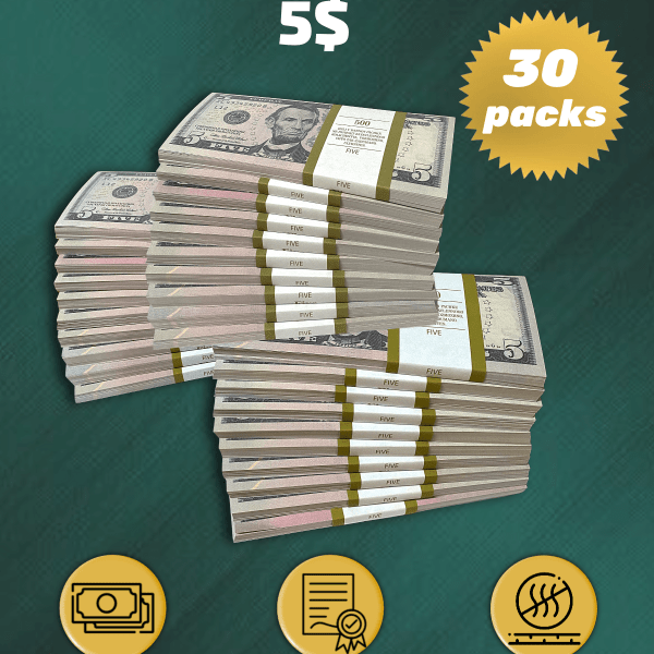 5 US Dollars prop money stack two-sided thirty packs
