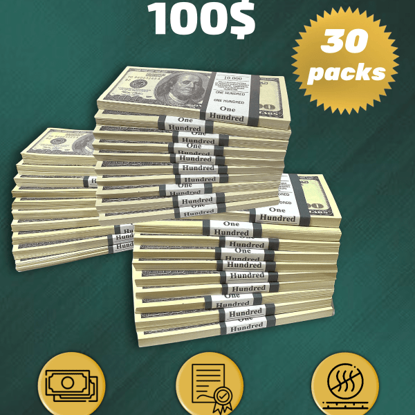 100 US Dollars prop money stack two-sided thirty packs