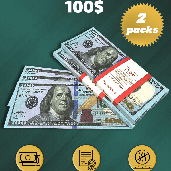 100 US Dollars prop money stack two-sided two packs