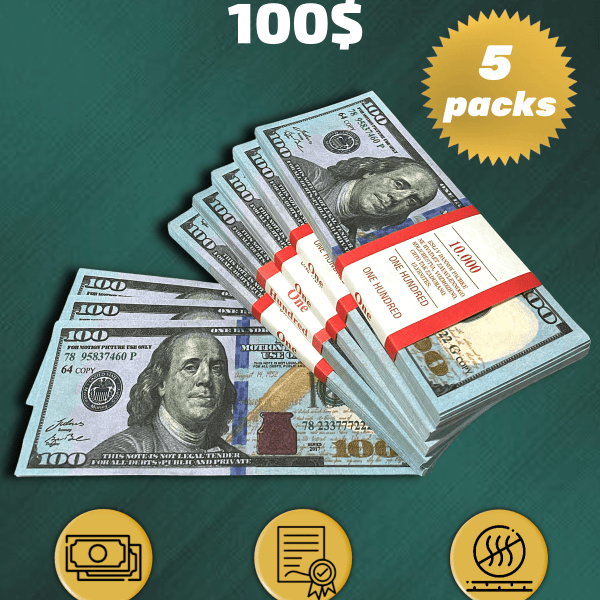 100 US Dollars prop money stack two-sided five packs