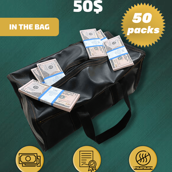 50 US Dollars prop money stack two-sided fifty packs & money bag