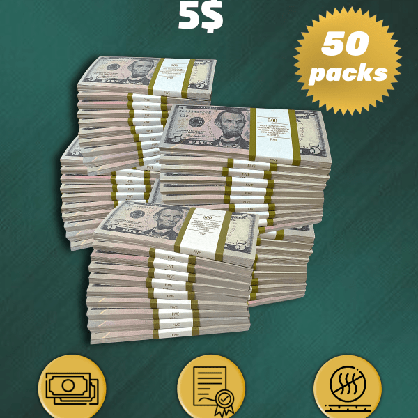 5 US Dollars prop money stack two-sided fifty packs