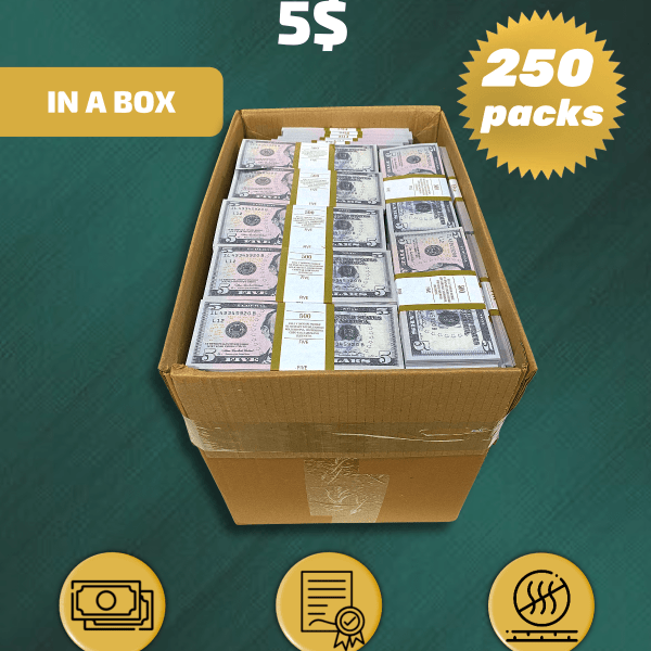 5 US Dollars prop money stack two-sided two hundred fifty packs
