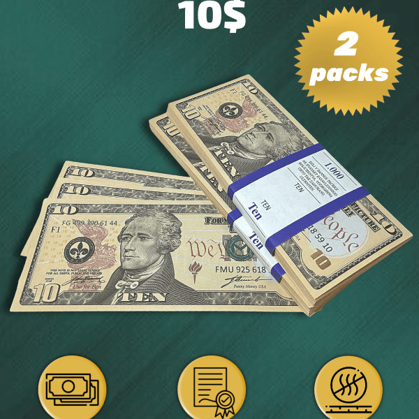 10 US Dollars prop money stack two-sided two packs