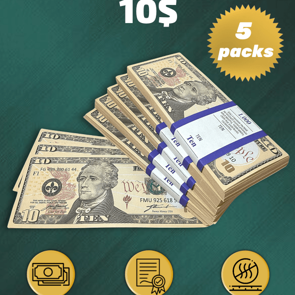 10 US Dollars prop money stack two-sided five packs