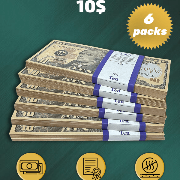 10 US Dollars prop money stack two-sided six packs