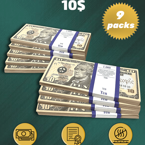 10 US Dollars prop money stack two-sided nine packs