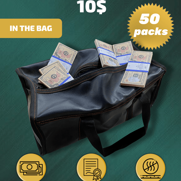 10 US Dollars prop money stack two-sided fifty packs & money bag