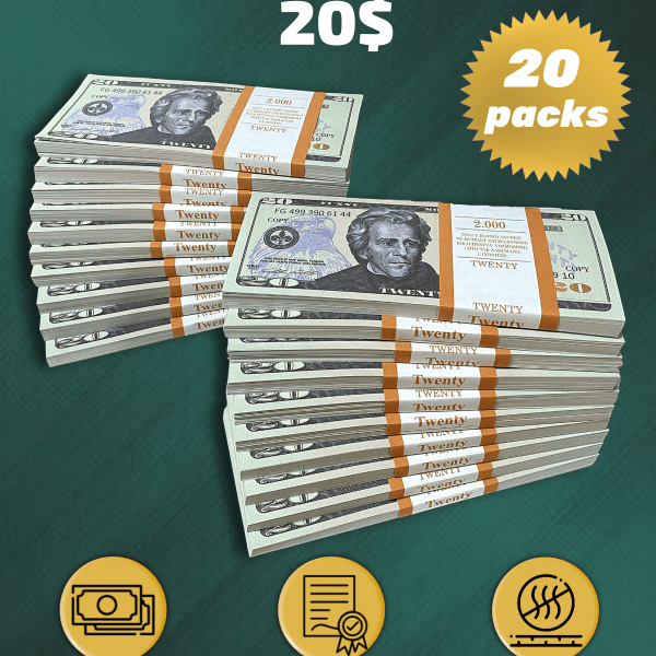 20 US Dollars prop money stack two-sided twenty packs