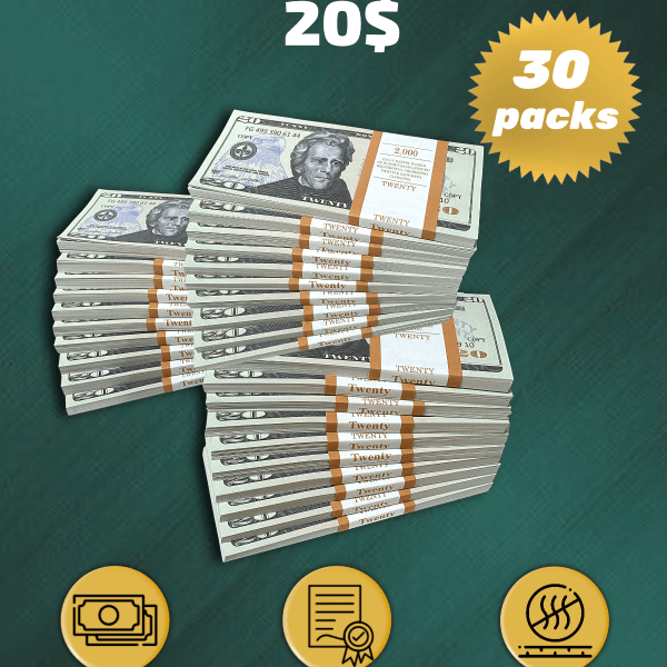 20 US Dollars prop money stack two-sided thirty packs