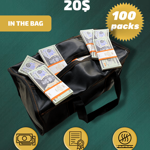 20 US Dollars prop money stack two-sided one hundred packs & money bag