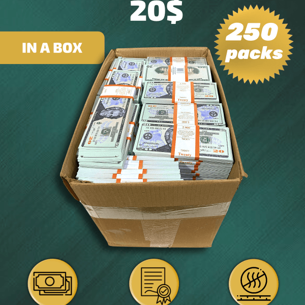 20 US Dollars prop money stack two-sided two hundred fifty packs