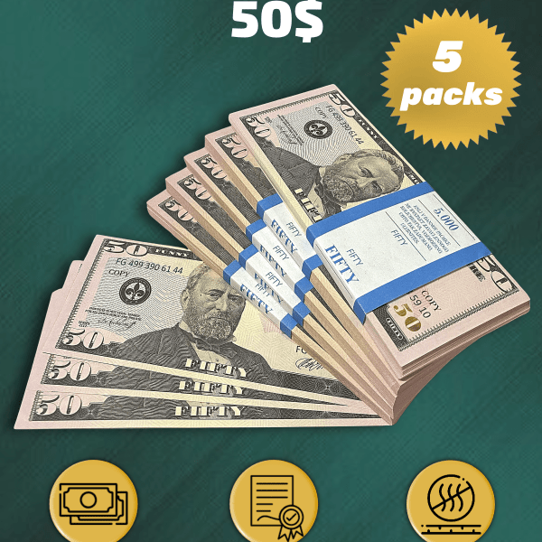 50 US Dollars prop money stack two-sided five packs