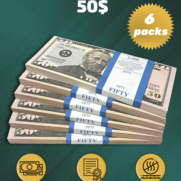 50 US Dollars prop money stack two-sided six packs