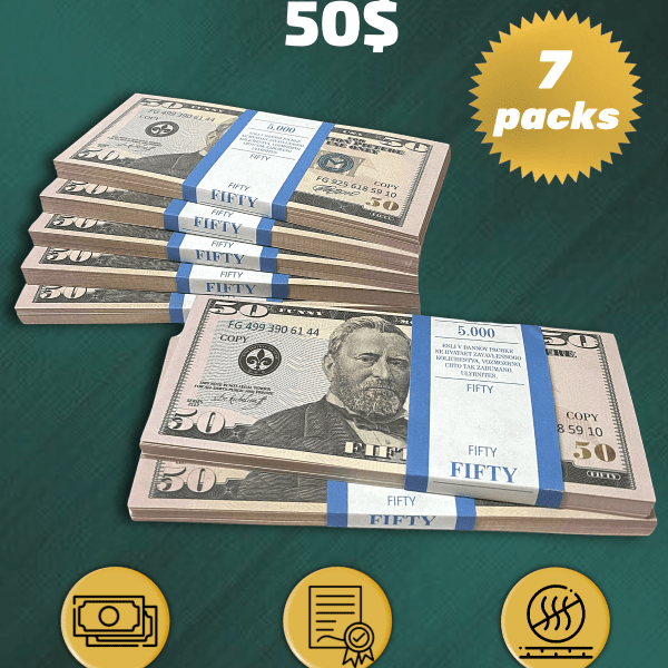 50 US Dollars prop money stack two-sided seven packs