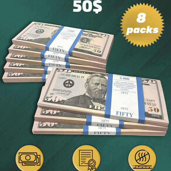 50 US Dollars prop money stack two-sided eight packs