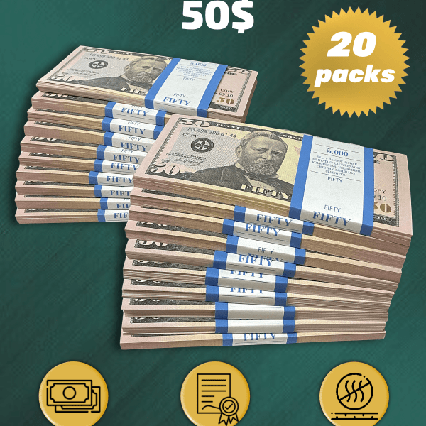 50 US Dollars prop money stack two-sided twenty packs
