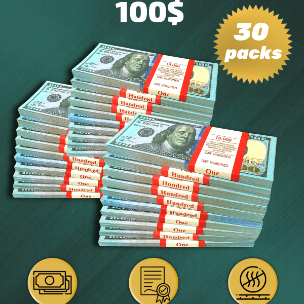 100 US Dollars prop money stack two-sided thirty packs