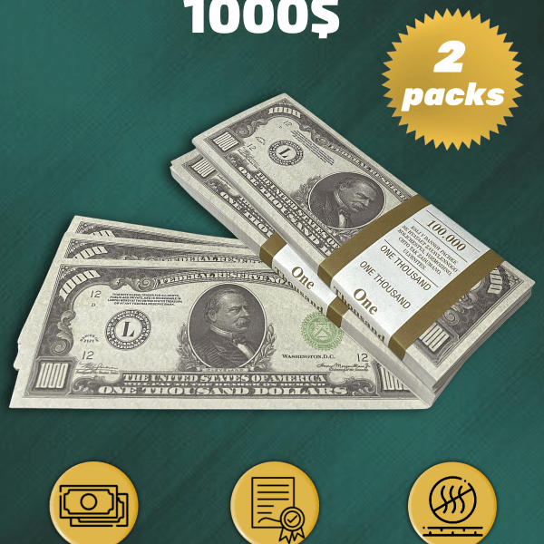 1000 US Dollars prop money stack two-sided two packs