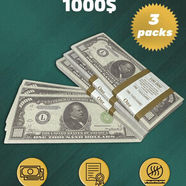 1000 US Dollars prop money stack two-sided three packs