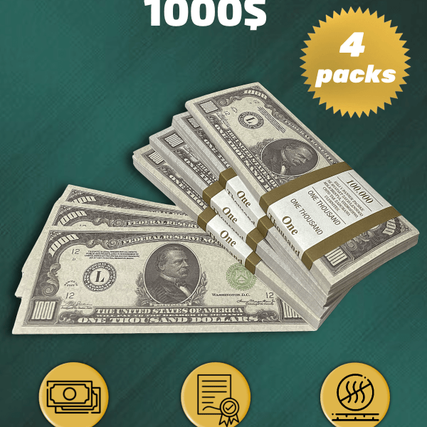 1000 US Dollars prop money stack two-sided for packs