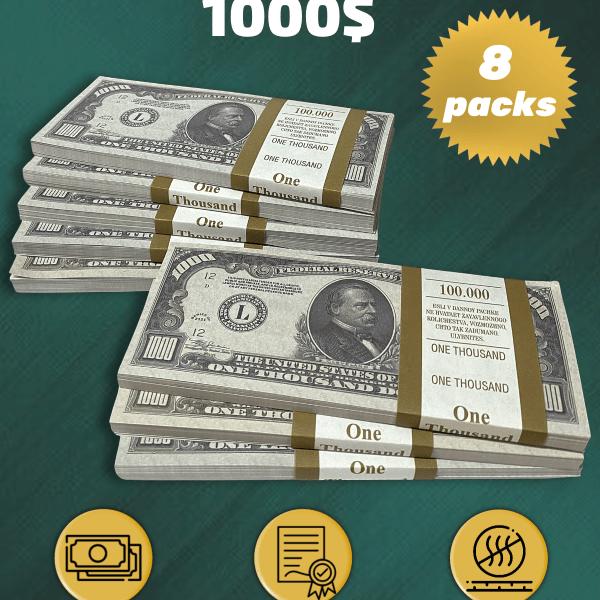1000 US Dollars prop money stack two-sided eight packs