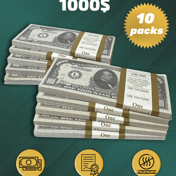 1000 US Dollars prop money stack two-sided ten packs