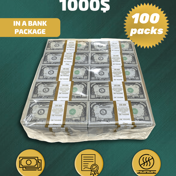 1000 US Dollars prop money stack two-sided one hundred packs