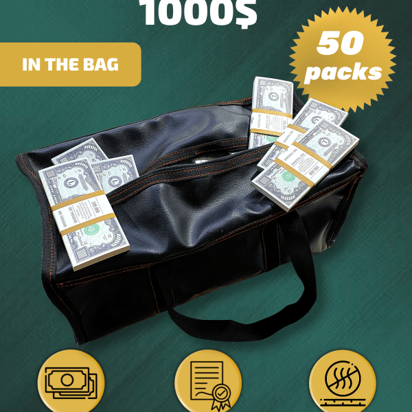 1000 US Dollars prop money stack two-sided fifty packs & money bag