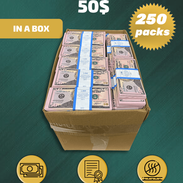 50 US Dollars prop money stack two-sided two hundred fifty packs