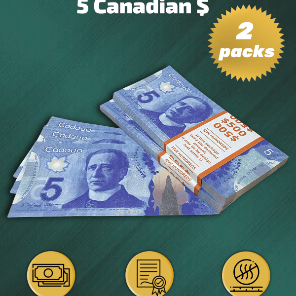 5 Canadian Dollars prop money stack two-sided two packs