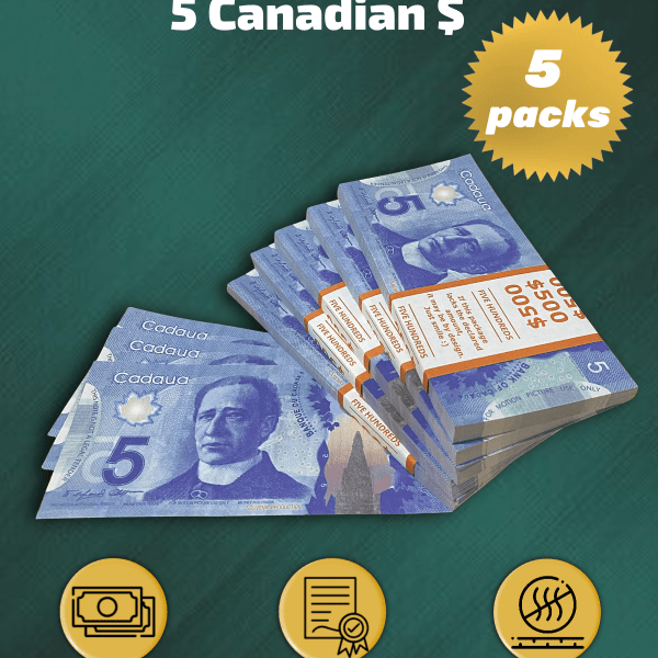 5 Canadian Dollars prop money stack two-sided five packs