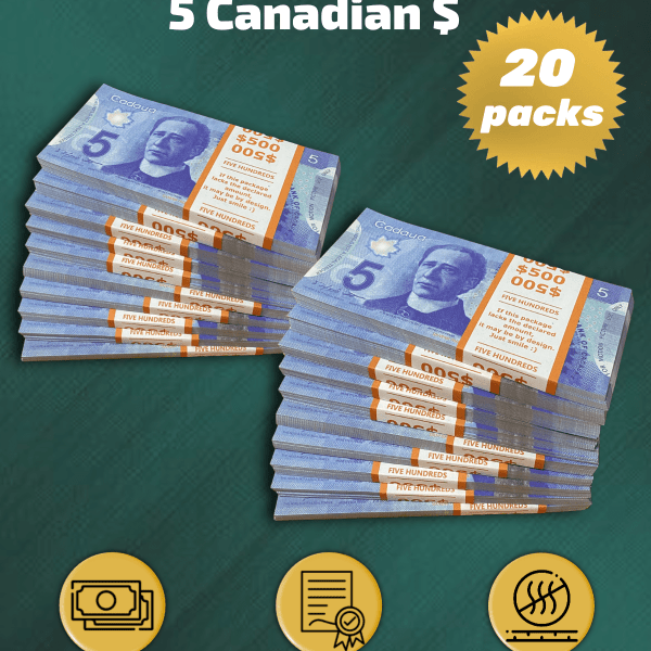 5 Canadian Dollars prop money stack two-sided twenty packs