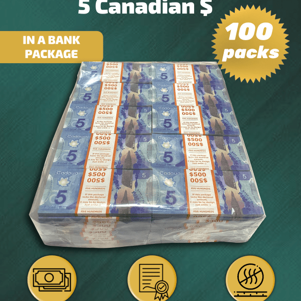 5 Canadian Dollars prop money stack two-sided one hundred packs