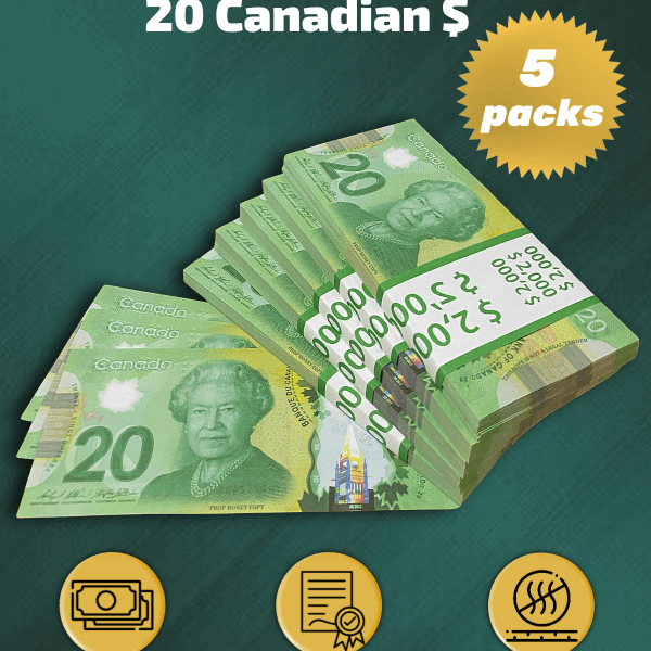 20 Canadian Dollars prop money stack two-sided five packs