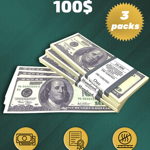 100 US Dollars prop money stack two-sided three packs