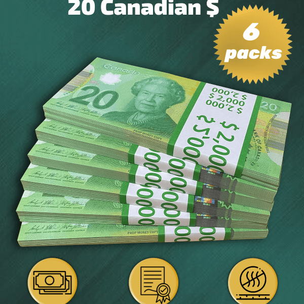 20 Canadian Dollars prop money stack two-sided six packs