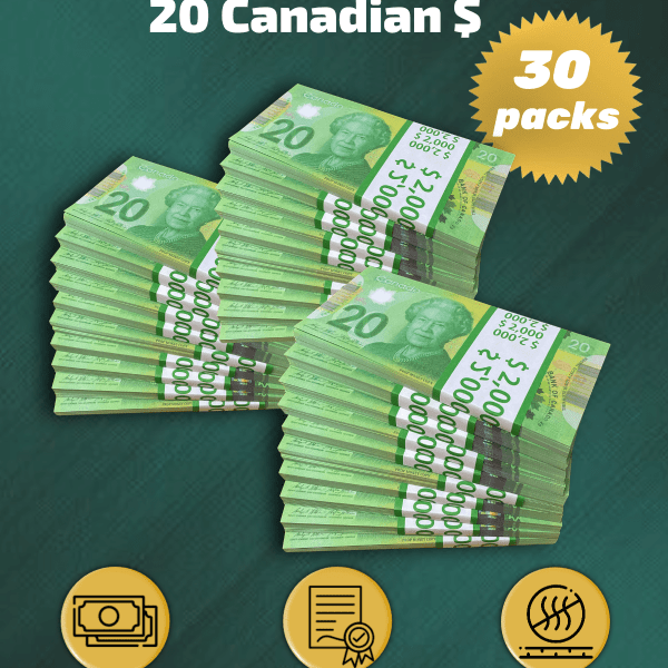 20 Canadian Dollars prop money stack two-sided thirty packs