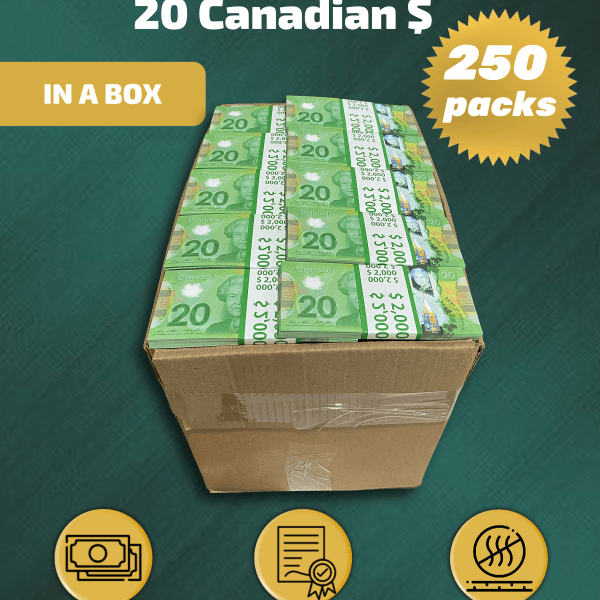 20 Canadian Dollars prop money stack two-sided two hundred fifty packs