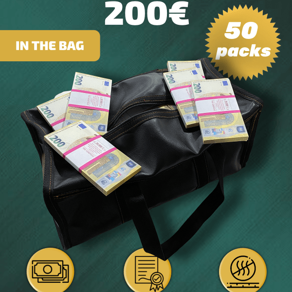 200 Euro prop money stack two-sided fifty packs & money bag