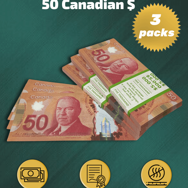50 Canadian Dollars prop money stack two-sided three packs