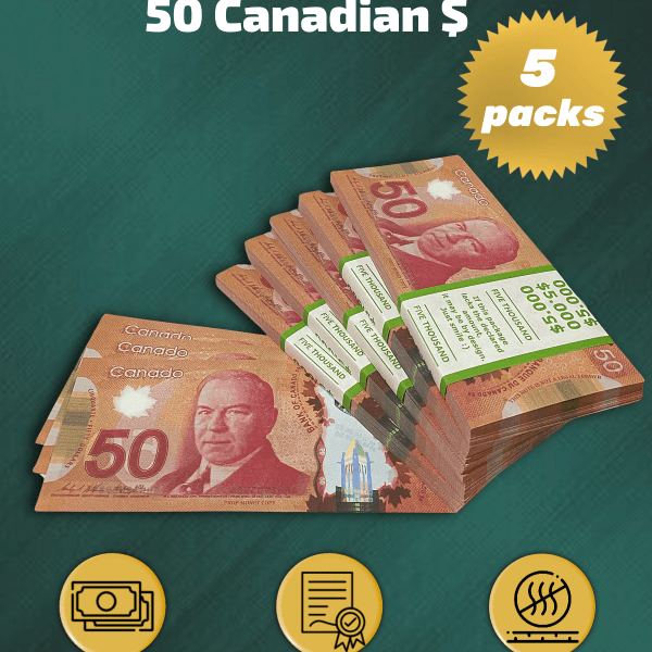 50 Canadian Dollars prop money stack two-sided five packs