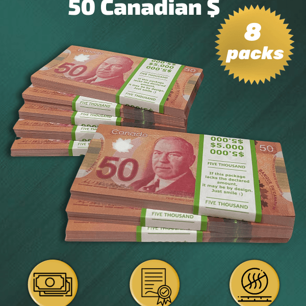50 Canadian Dollars prop money stack two-sided eight packs