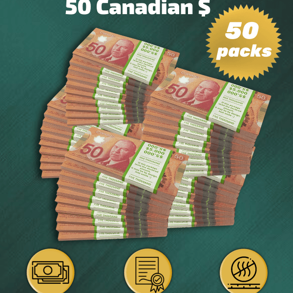 50 Canadian Dollars prop money stack two-sided fifty packs