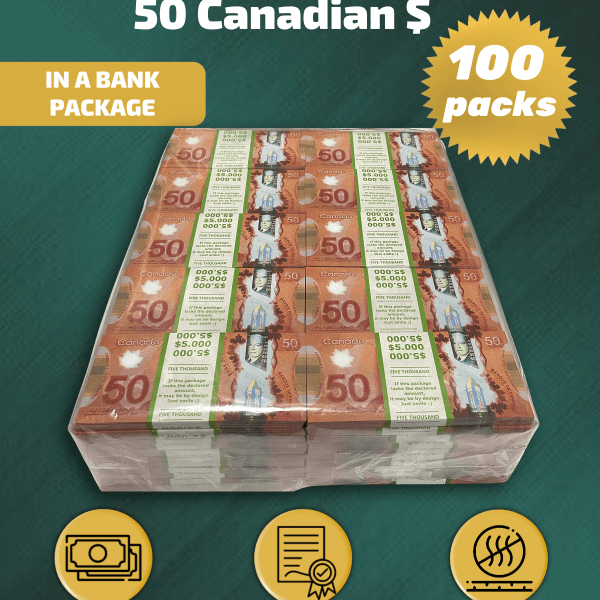 50 Canadian Dollars prop money stack two-sided one hundred packs