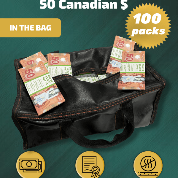 50 Canadian Dollars prop money stack two-sided one hundred packs & money bag