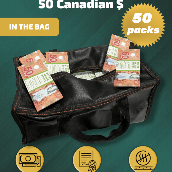 50 Canadian Dollars prop money stack two-sided fifty packs & money bag