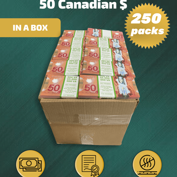 50 Canadian Dollars prop money stack two-sided two hundred fifty packs
